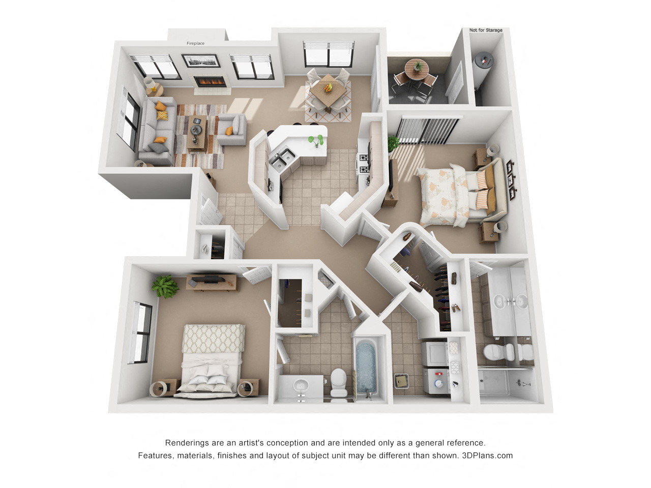 Floor plan for 2 beds, 2 baths, 1039 sqft